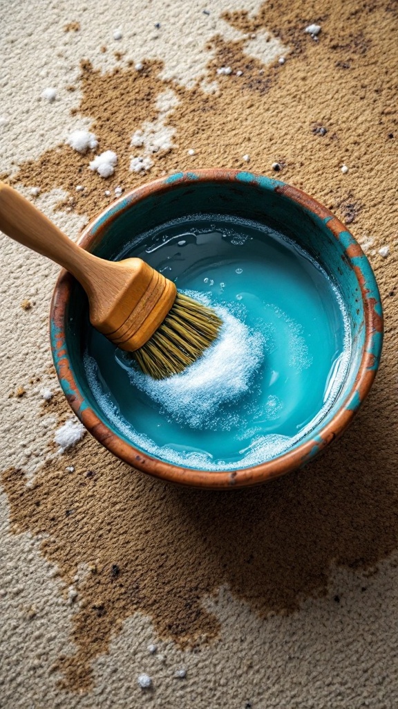 A bowl of soapy water with a brush, placed on a carpet with some stains.