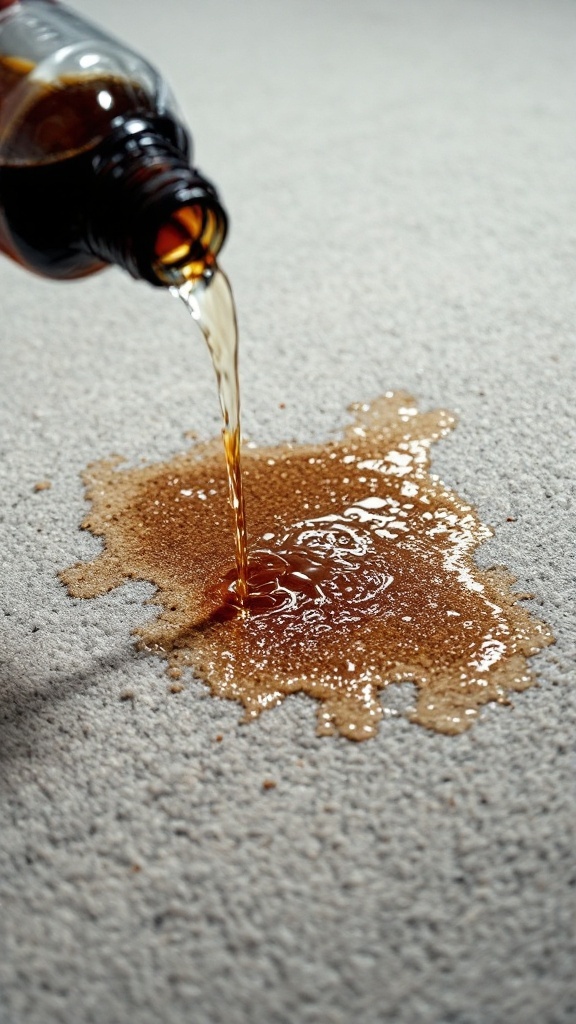 A bottle of club soda spilling on a carpet, illustrating a DIY cleaning tip for pet messes.