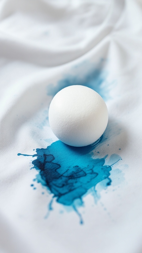 Close-up of a shirt with ink stains and a cotton ball on it.