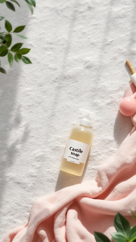 A bottle of Castile soap on a soft blanket with greenery.