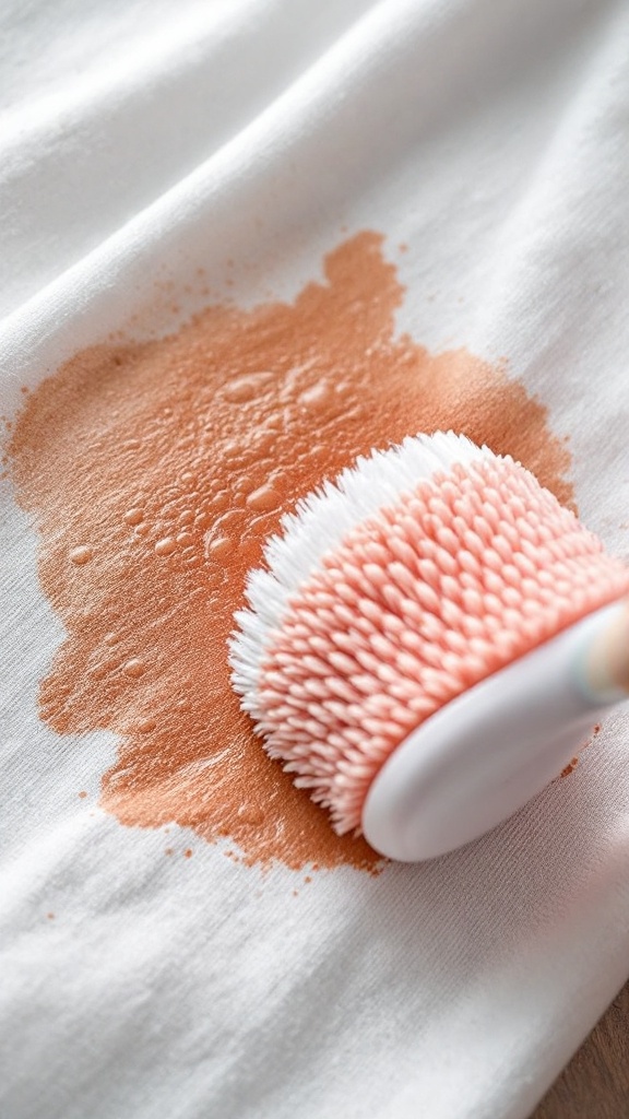 A hand using a brush to apply a cleaning solution on a stained surface.