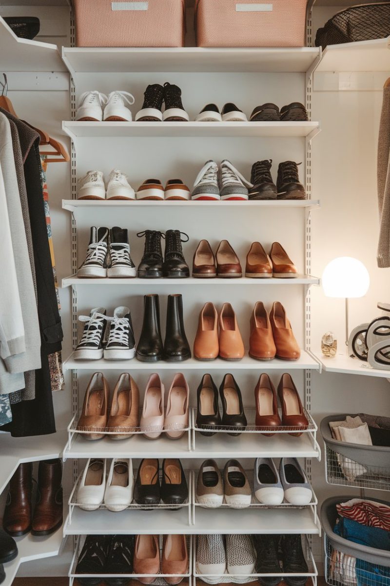 An organized closet with shoes neatly arranged on shelves and in baskets.