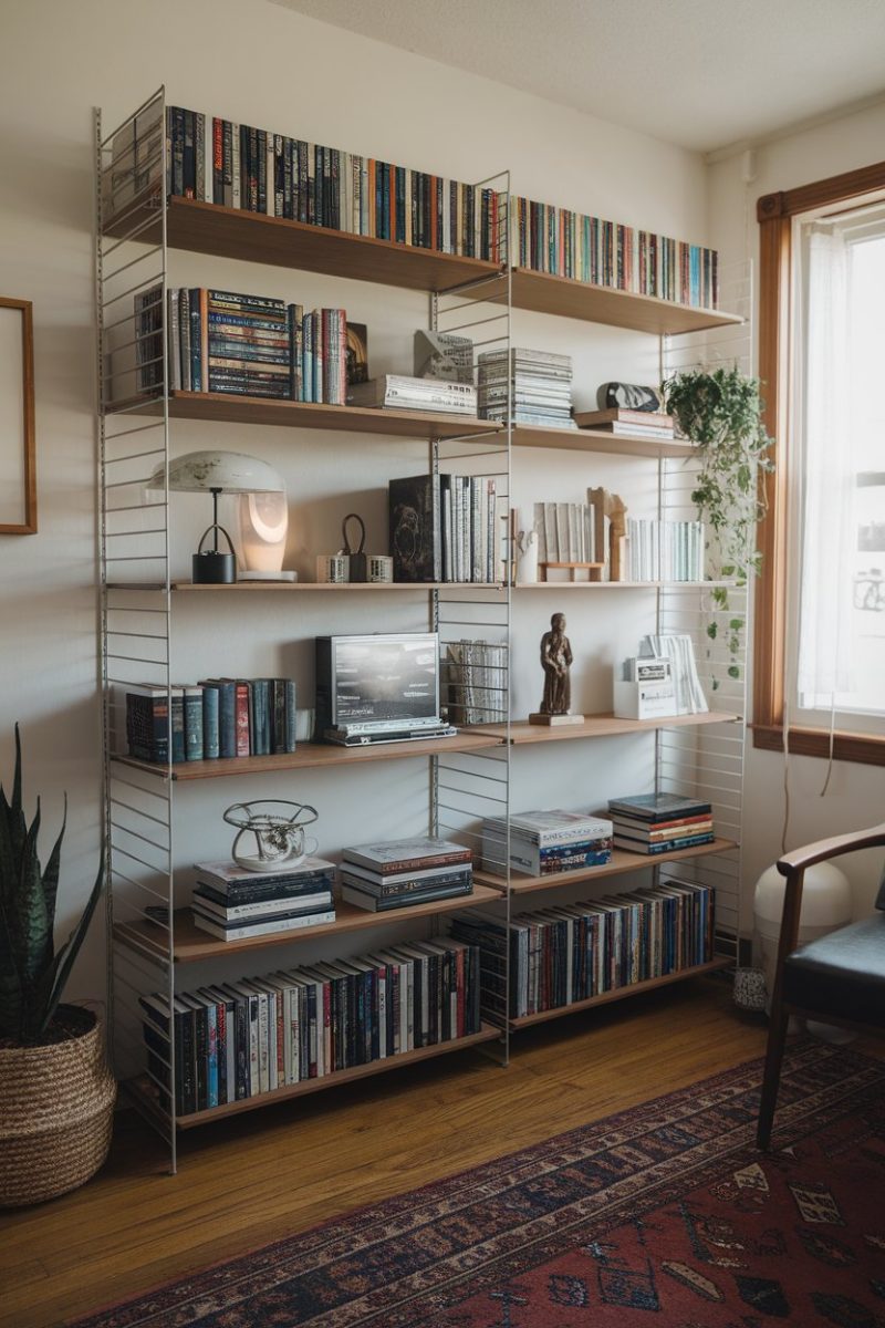 An organized media collection on a shelf with books, movies, and decorative items.