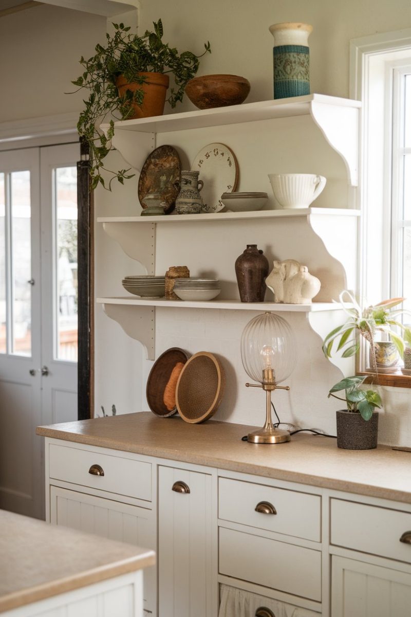 A photo of a cozy kitchen with white cabinets and decorative items on top for storage. There is a vintage lamp, a wooden bowl, and a plant.