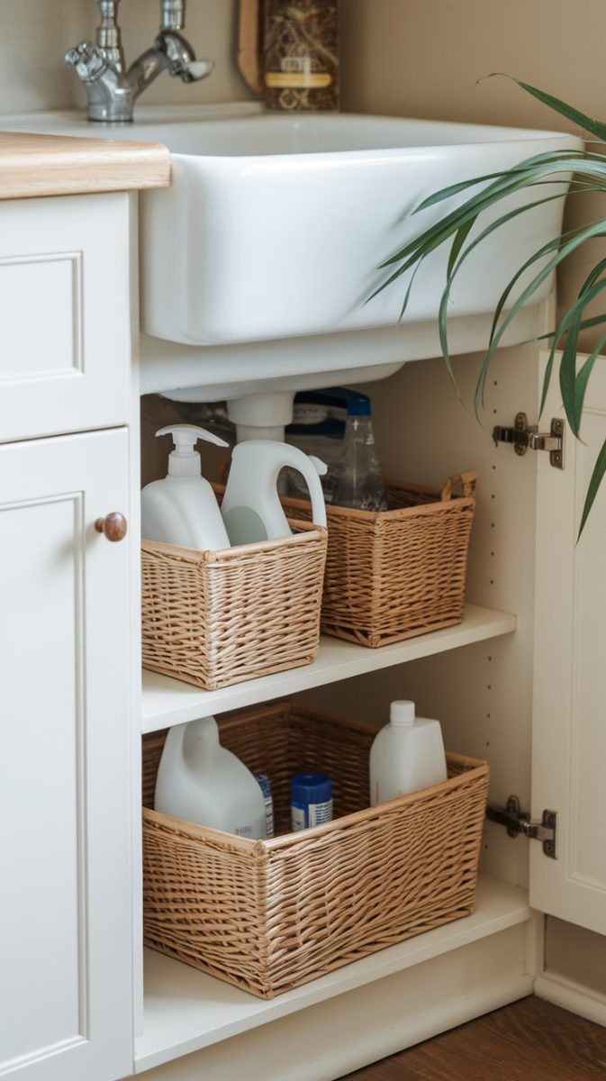 A close-up view of an open cabinet under a sink with three woven baskets containing various cleaning supplies.