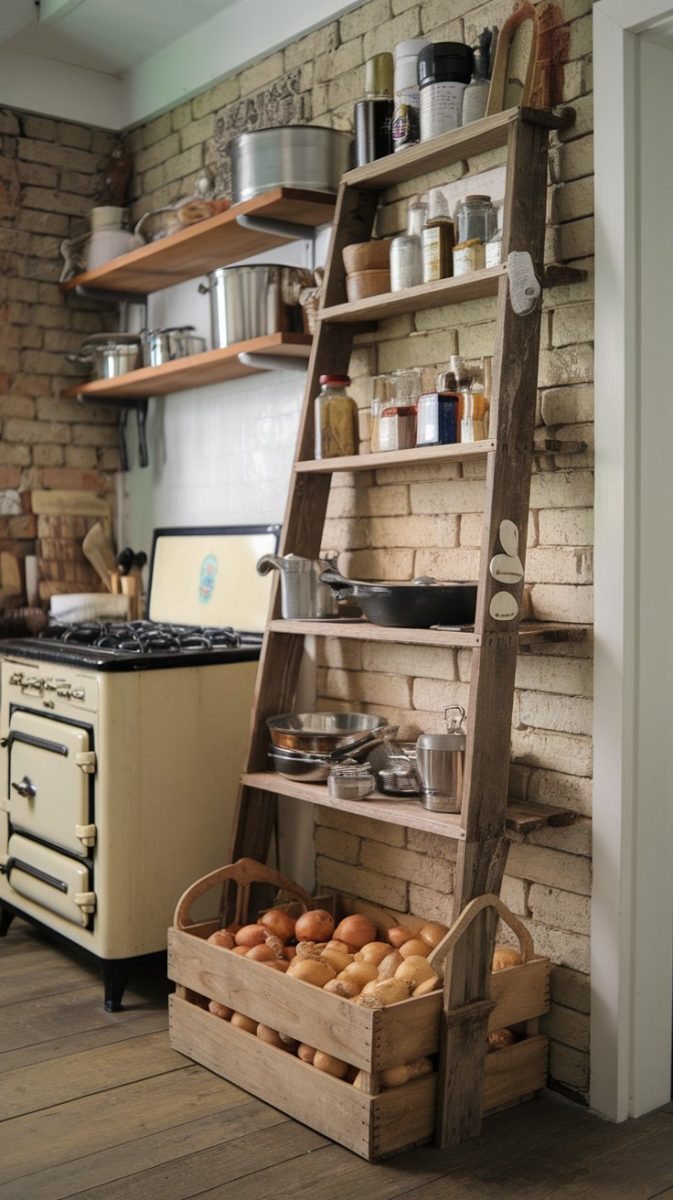 A rustic kitchen with a wooden ladder used as shelving, holding various pots, pans, and jars, with a crate of potatoes at the bottom.