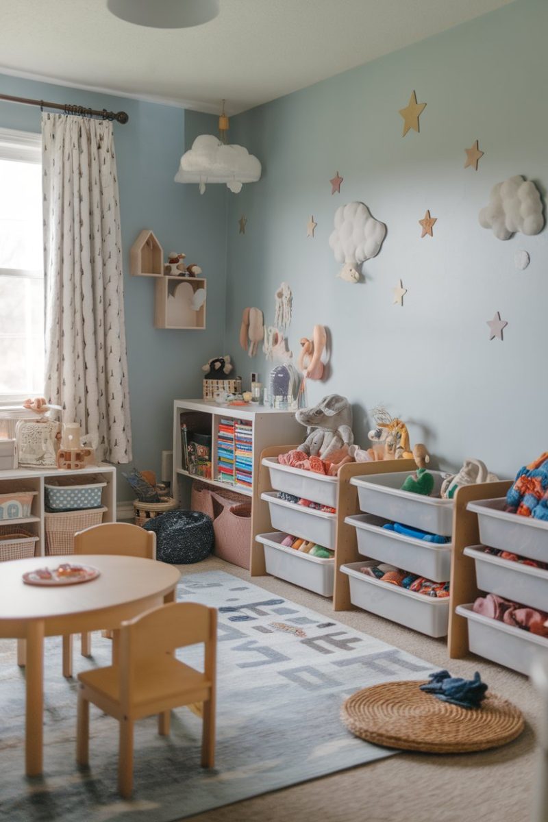 A cozy kids' room filled with toys and playful decorations. There are organization bins for toys neatly arranged on the side. 