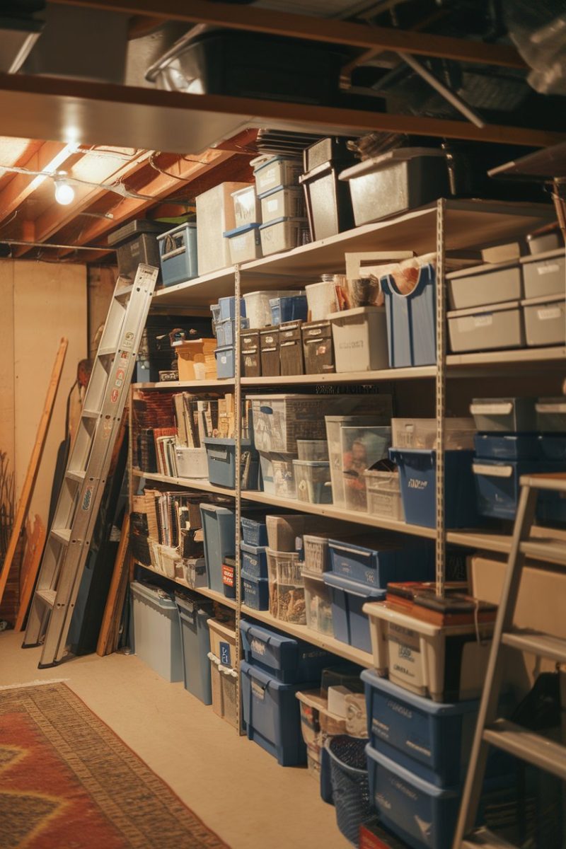 A cluttered basement storage area filled with various neatly arranged boxes and bins on shelving units.