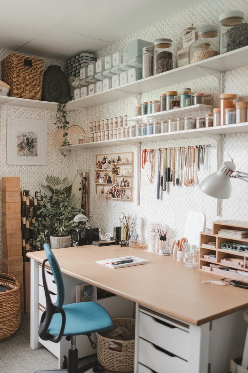 A craft room with a work desk. The desk is clutter-free and has a few items on it. 