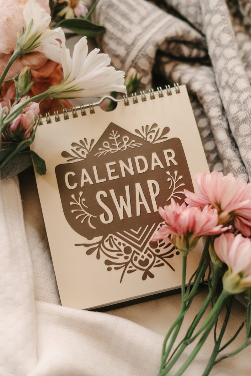 A calendar labeled 'Calendar Swap' with flowers and a blanket in the background.