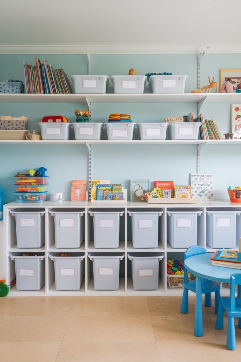 A bright and organized children's playroom with labeled storage bins and shelves. The room has a light blue wall, white shelves, and beige flooring.