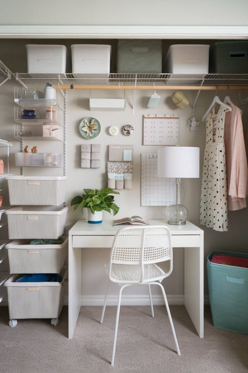 A neatly organized closet featuring a command center with a desk, wall organization, and storage baskets.