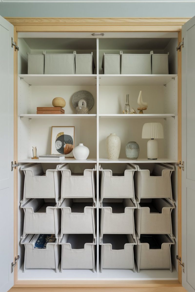 A well-organized cupboard with foldable storage bins and various items neatly arranged. 