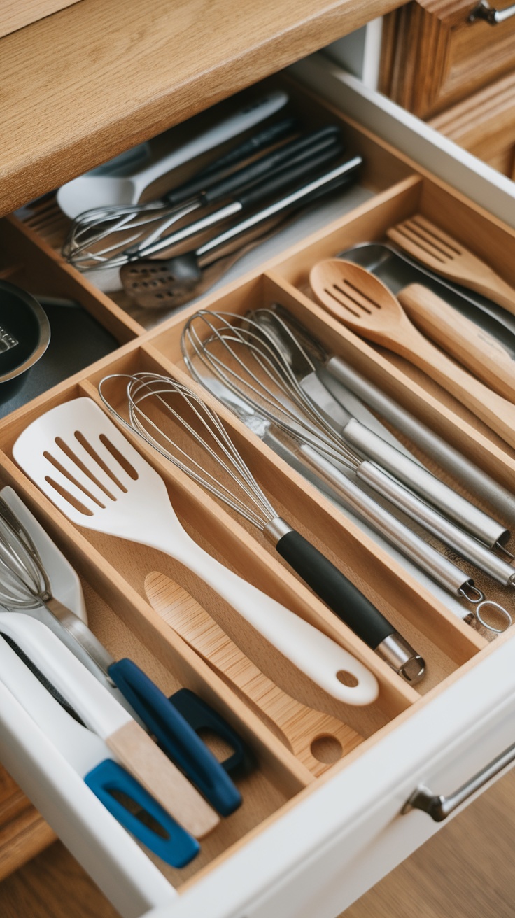 Organized kitchen drawer with utensils and tools arranged using dividers.