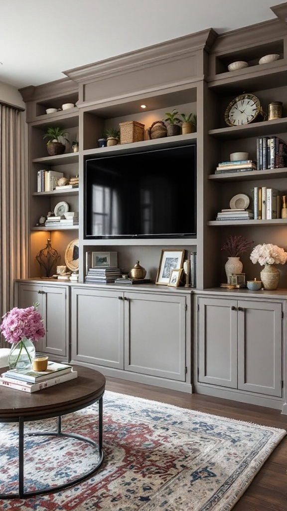 A cozy living room with custom built-in shelves, displaying various decorative items and a framed quote.