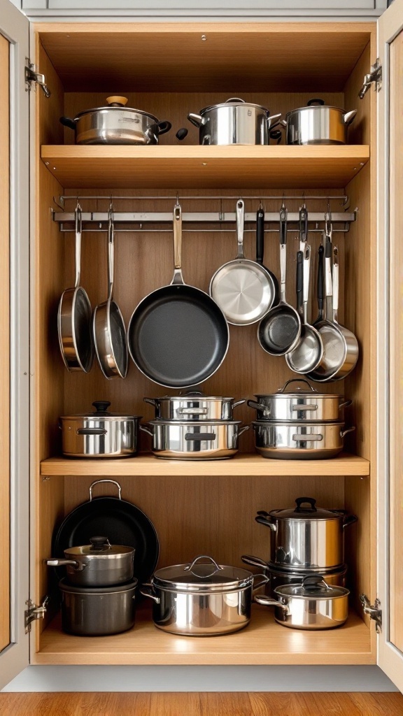 A well-organized cupboard displaying pots and pans with vertical dividers.