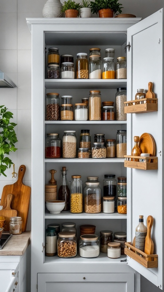 A well-organized cupboard with shelves filled with jars and containers.