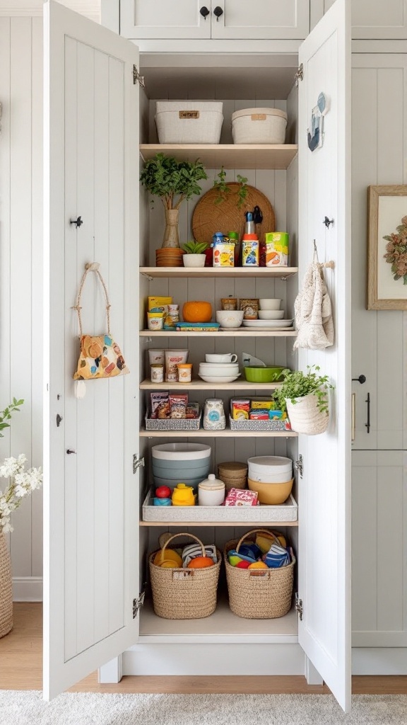 A neatly organized cupboard filled with toys and storage baskets.