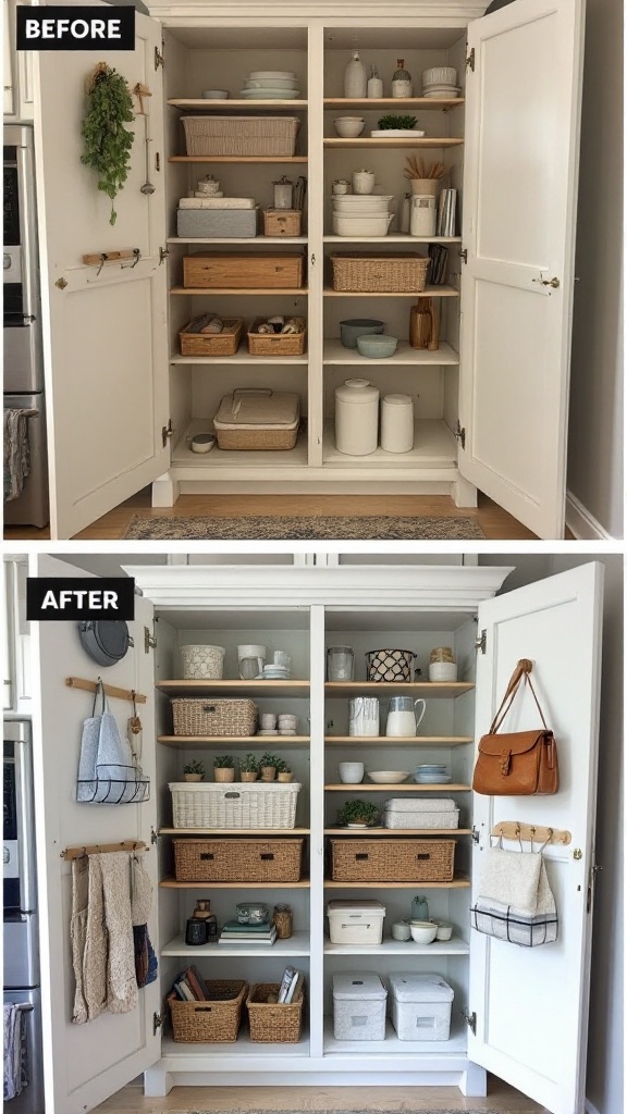 Before and after images of a cupboard organization transformation