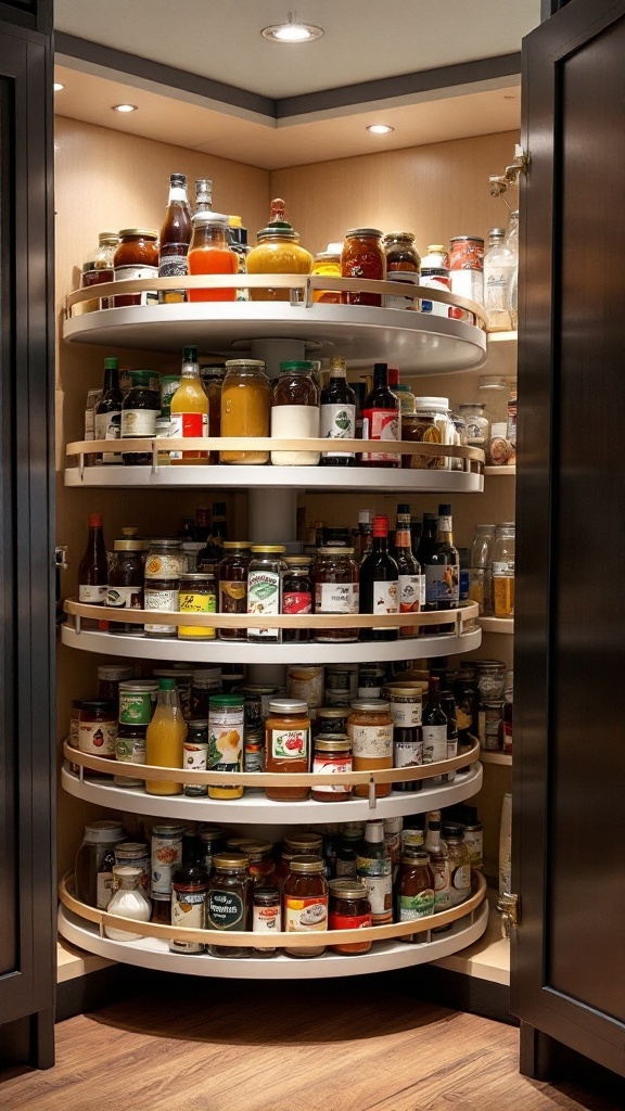 A well-organized cupboard featuring Lazy Susans with various jars and bottles.