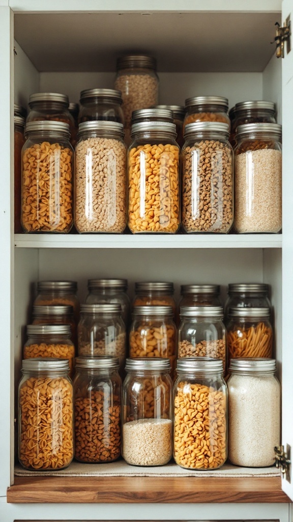 Mason jars filled with various dry goods neatly organized in a cupboard.