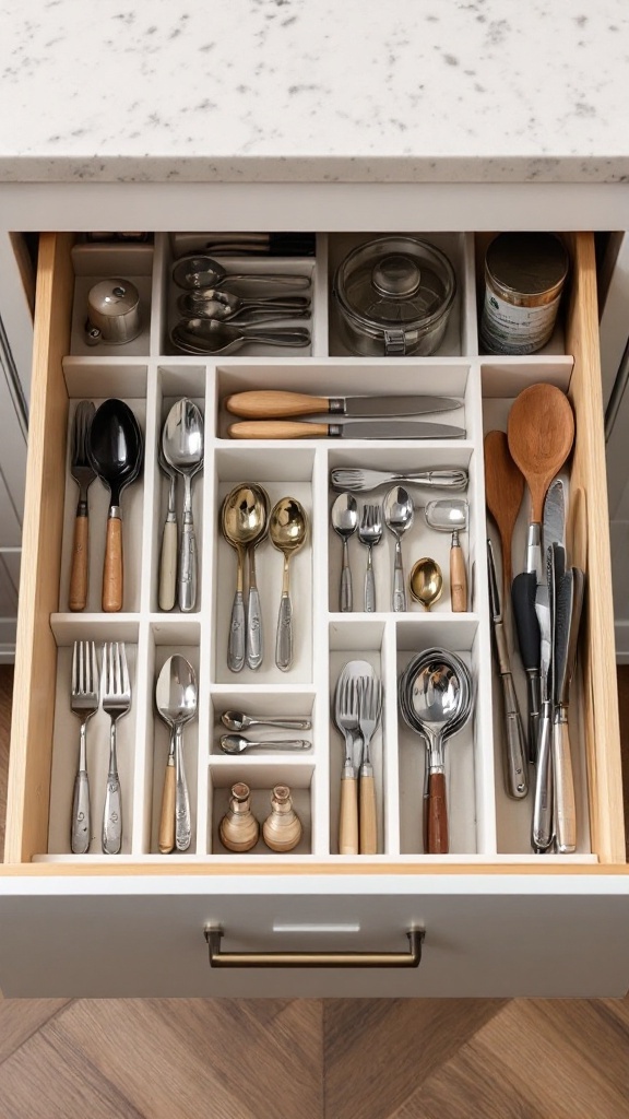 An organized kitchen drawer with adjustable dividers separating cutlery.