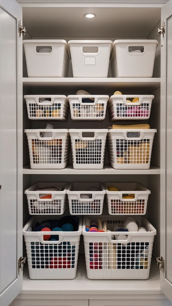 A neatly organized cupboard featuring stackable white bins filled with colorful items.