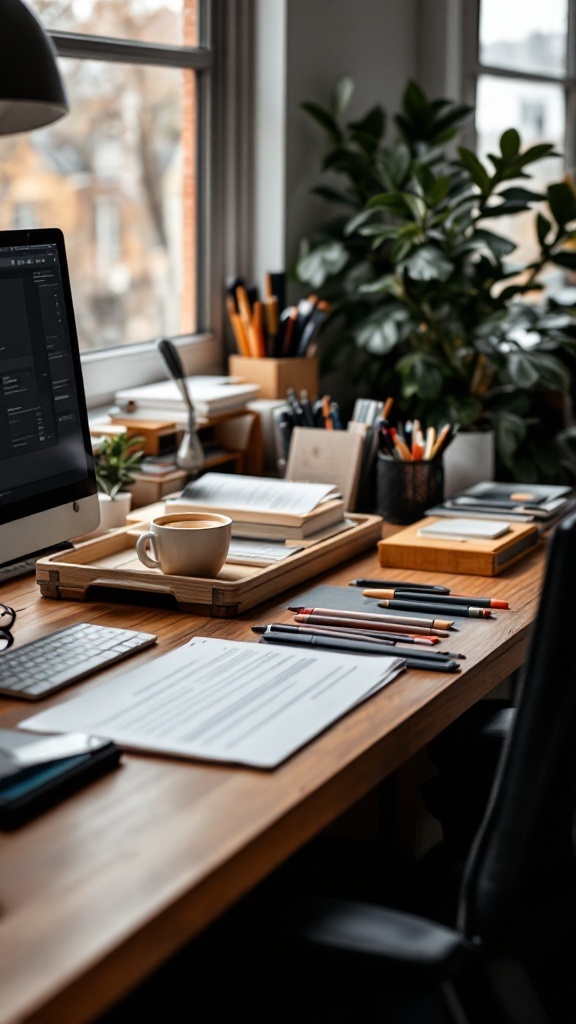 A well-organized desk with a computer, plants, and various stationery items.