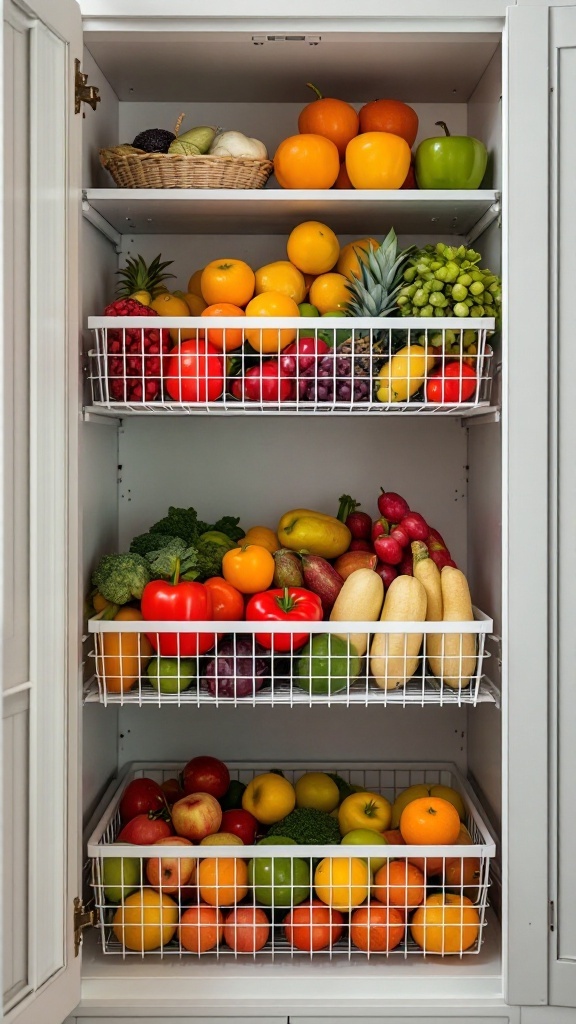 A well-organized cupboard with sliding baskets holding a variety of fruits and vegetables.