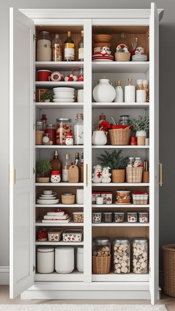 Organized cupboard with seasonal items neatly arranged.