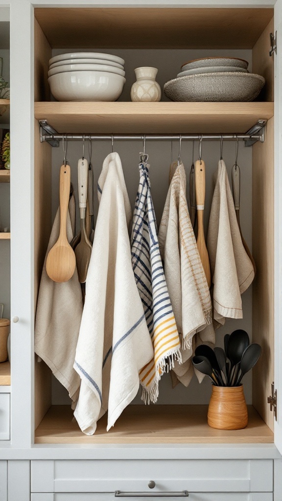 Tension rods used to hang kitchen towels and utensils in a cupboard.