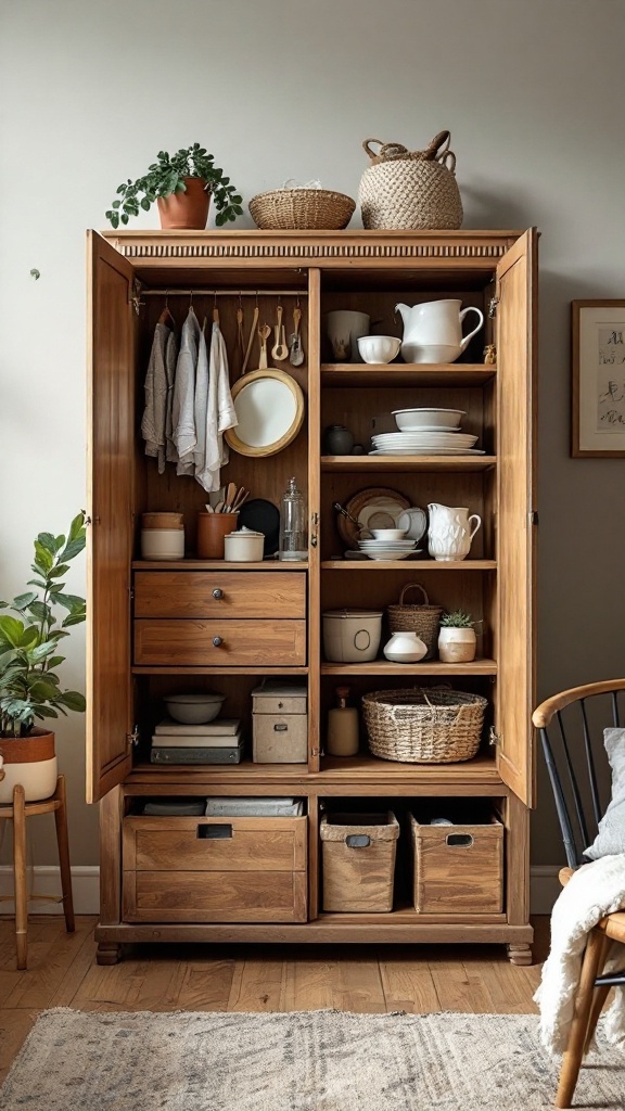 A beautifully organized wooden cupboard with hidden compartments, featuring dishes and decorative items.