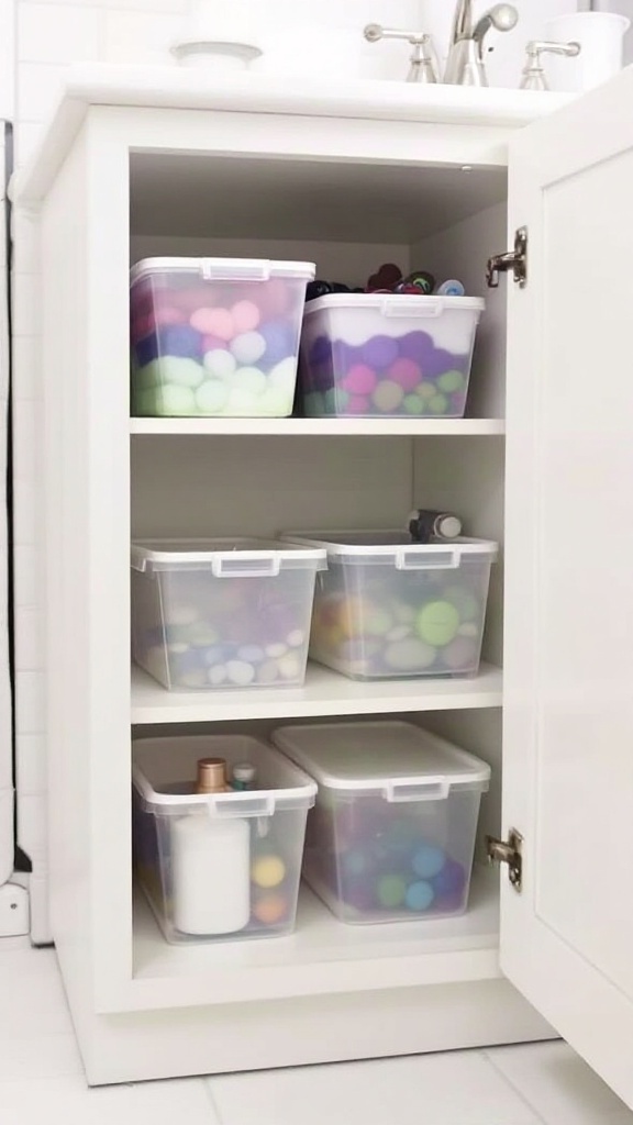 A well-organized under-sink storage area with clear bins and decorative elements.