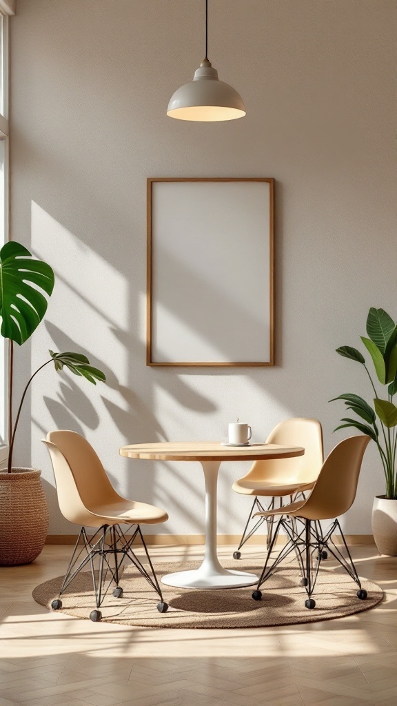 A cozy dining area featuring a round table with rolling chairs, perfect for small space living.