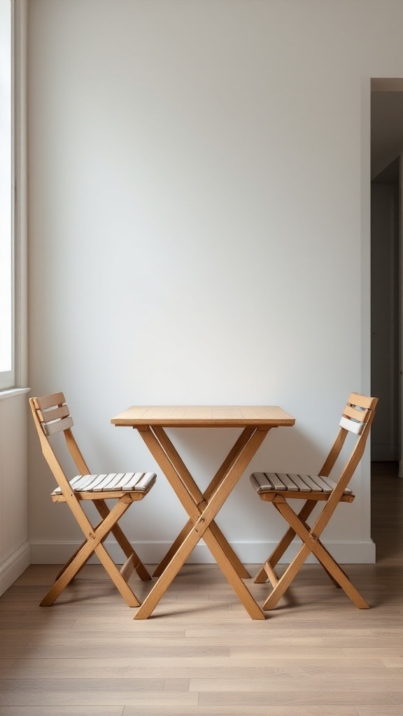 A small, foldable wooden dining table with two chairs, positioned against a plain wall.