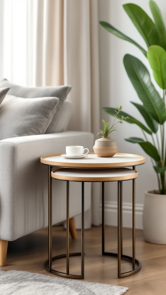 A cozy living room setup featuring nesting tables with plants and decorative items.