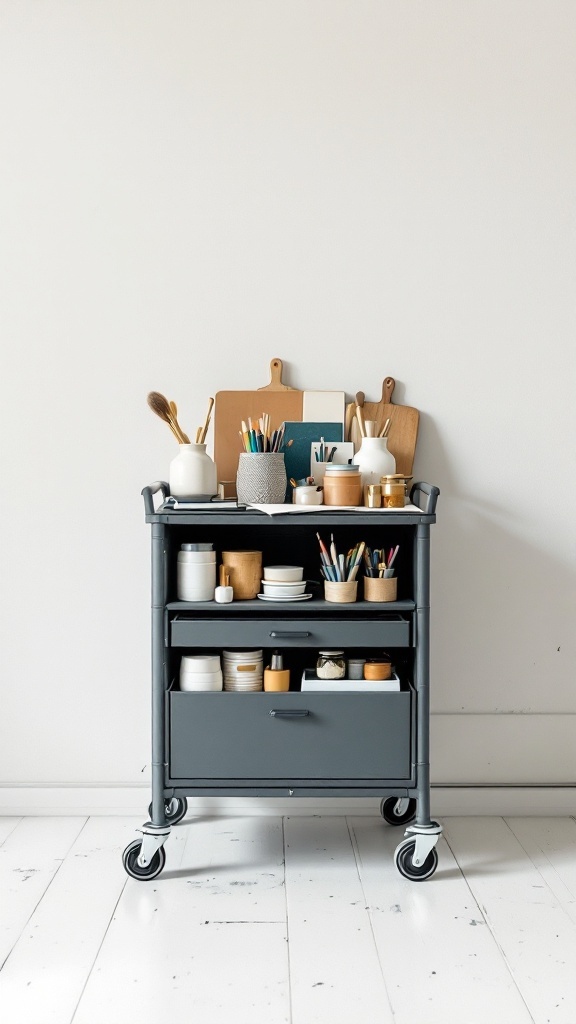 A portable storage cart filled with various items like pens, dishes, and jars.