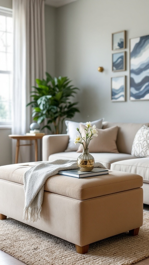 A cozy living room featuring a light-colored sofa with decorative pillows and a storage ottoman in front.