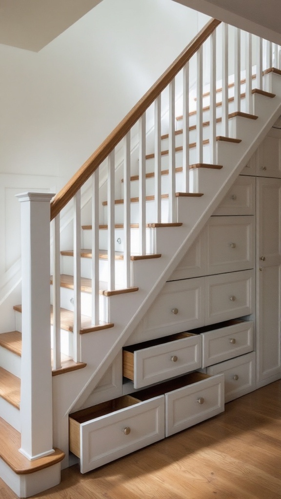 A staircase with built-in drawers and storage