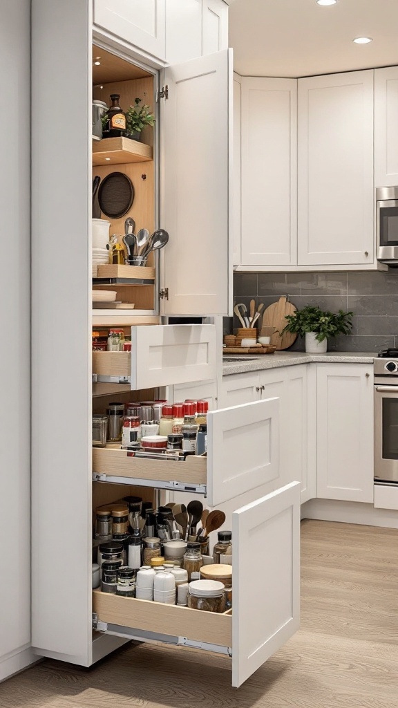 A modern kitchen featuring hidden storage with pull-out shelves and drawers.