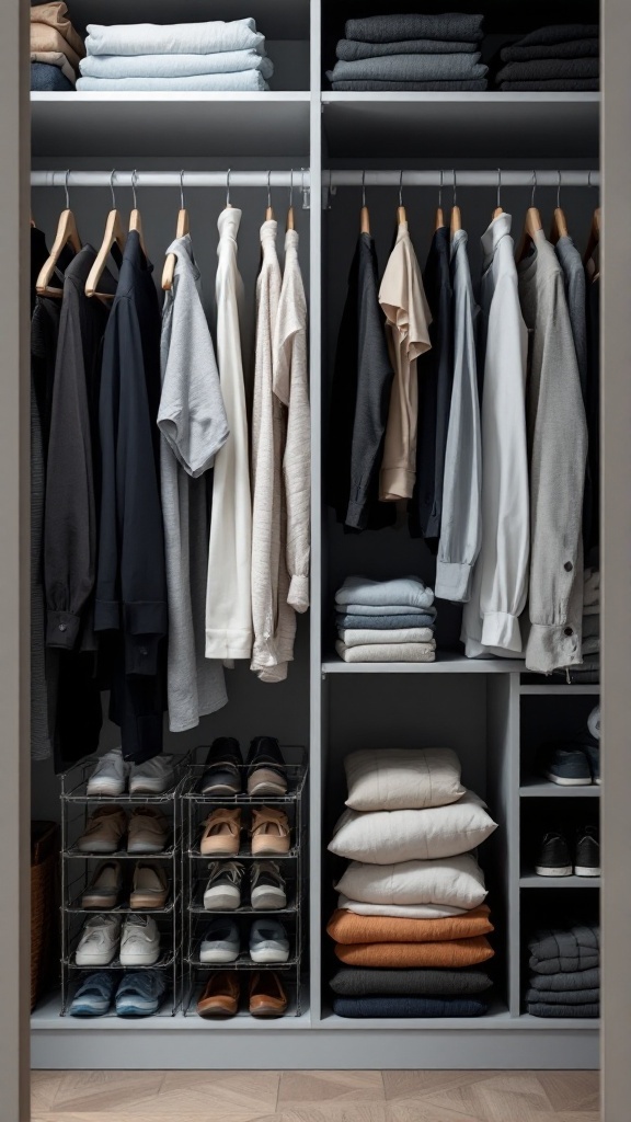 Organized closet with hanging clothes and neatly stacked items.