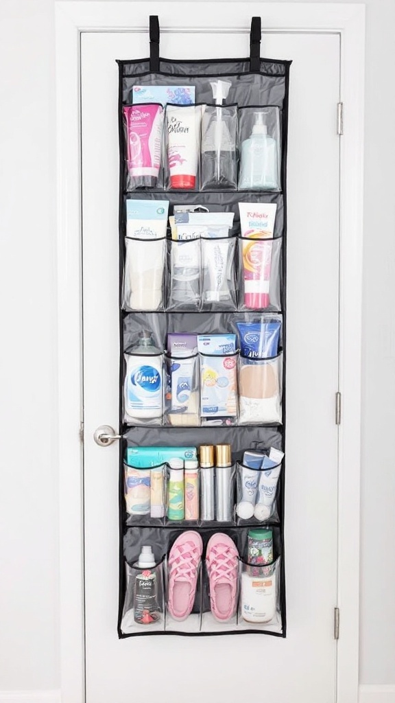 An over-the-door organizer filled with various items like shoes, toiletries, and small stuffed animals.