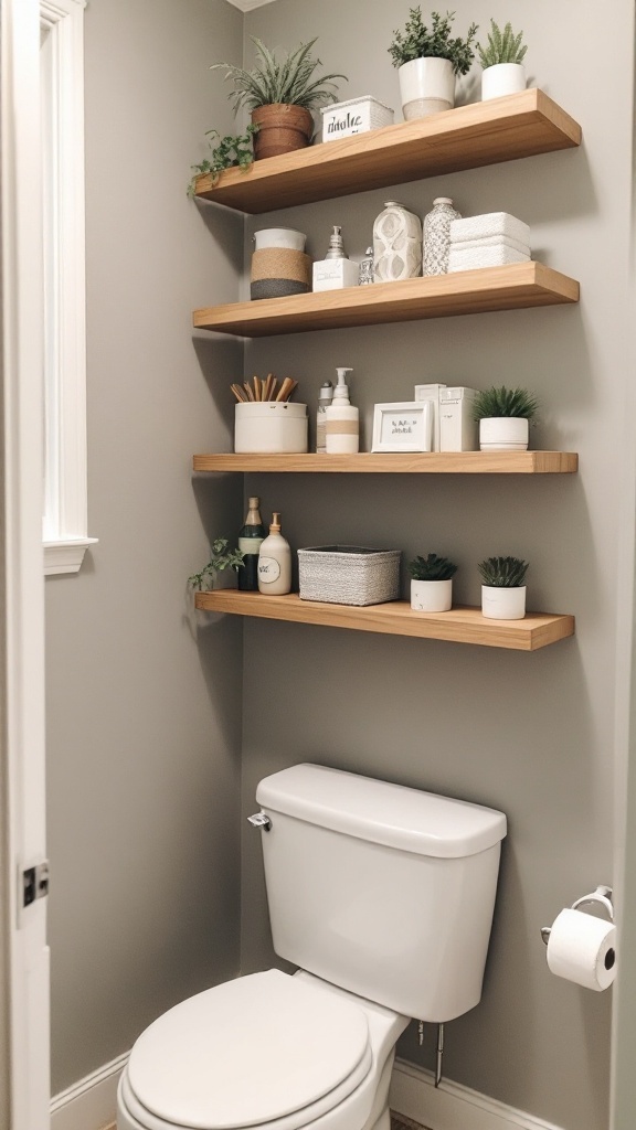 Floating shelves above a toilet, decorated with plants and storage containers