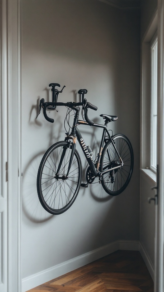 A bicycle mounted on a wall in a small room