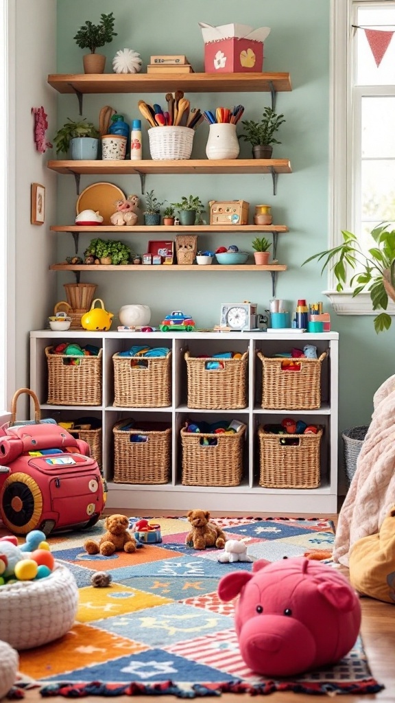 A bright and playful room filled with colorful baskets for organizing kids' toys, featuring plush animals and a cozy carpet.