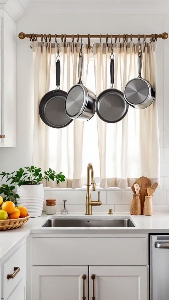 Kitchen with curtain rod hanging various pots and pans.