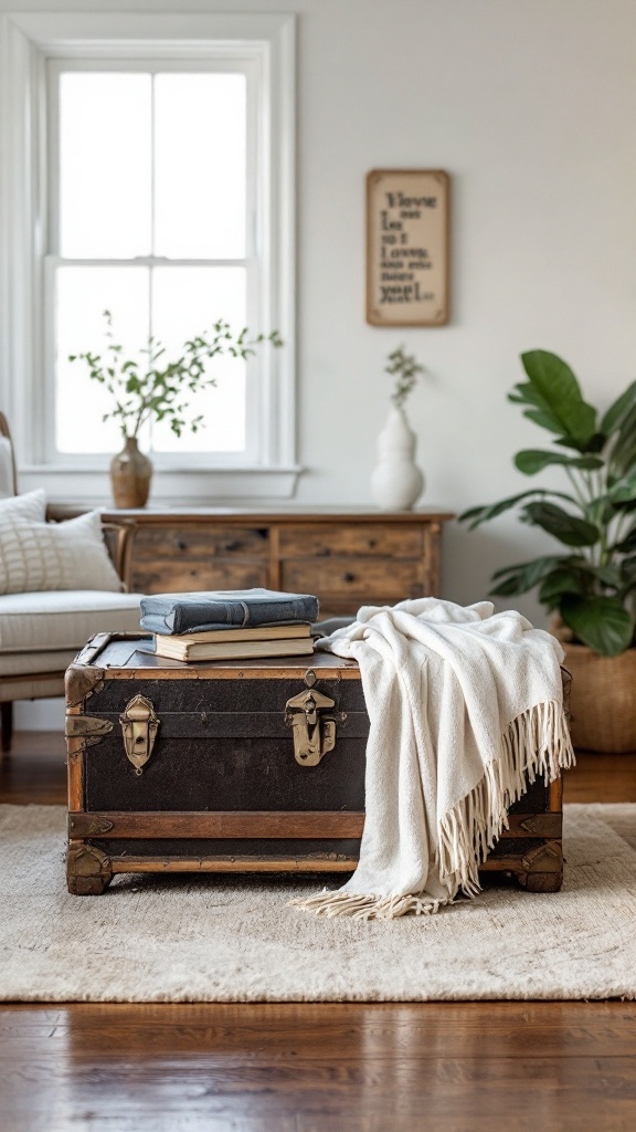 A stylish living room featuring a trunk used as a coffee table, adorned with books and a cozy blanket.