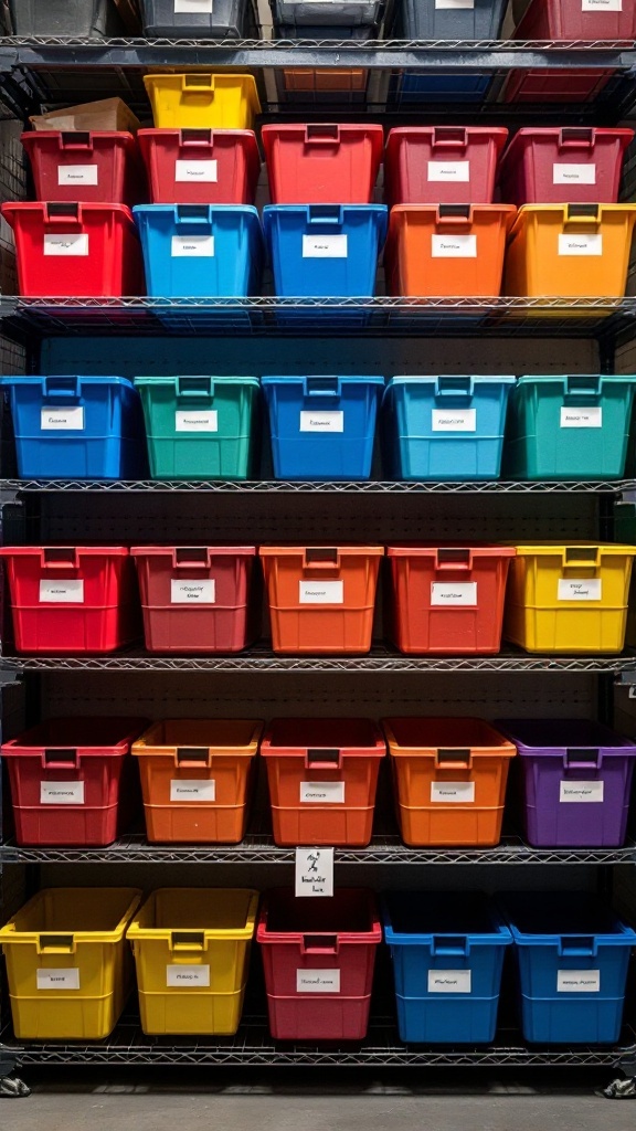 Colorful storage bins with labels on shelves.