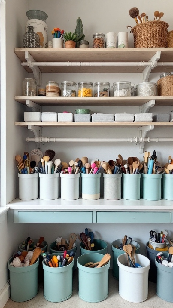 A colorful and organized shelf displaying various containers and tools, showcasing creative storage solutions.