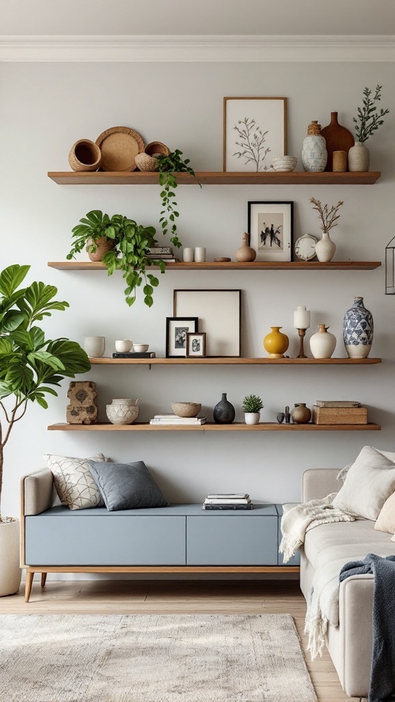 A stylish living room featuring floating shelves with decorative items and plants, showcasing vertical space utilization.